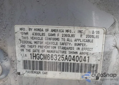2005 Honda Accord 3.0 Lx from USA, damaged, VIN 1HGCM66325A040041